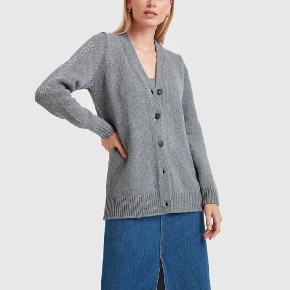 GWYN Round Sleeve Merino Wool Cardigan in Medium Grey